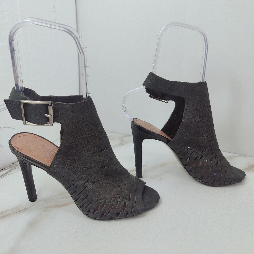 Vince Camuto Kayjay Black Caged Leather Cut Out Booties Heels, Sz 8.5